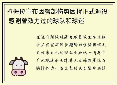 拉梅拉宣布因臀部伤势困扰正式退役 感谢曾效力过的球队和球迷